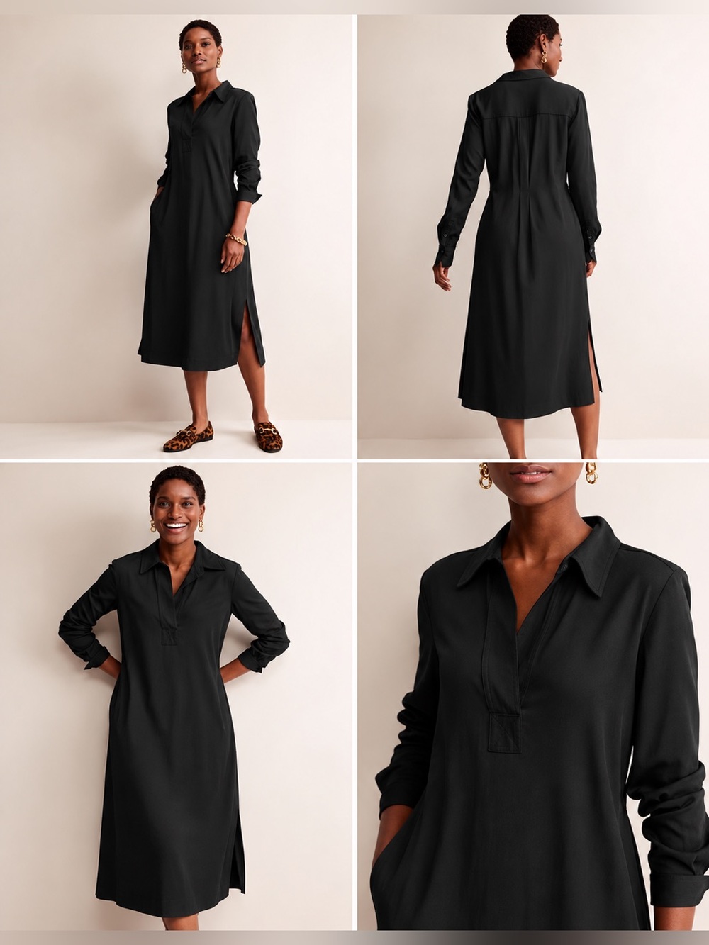 Boden Women's Black Long Sleeve Collared Midi Popover Dress size 8R